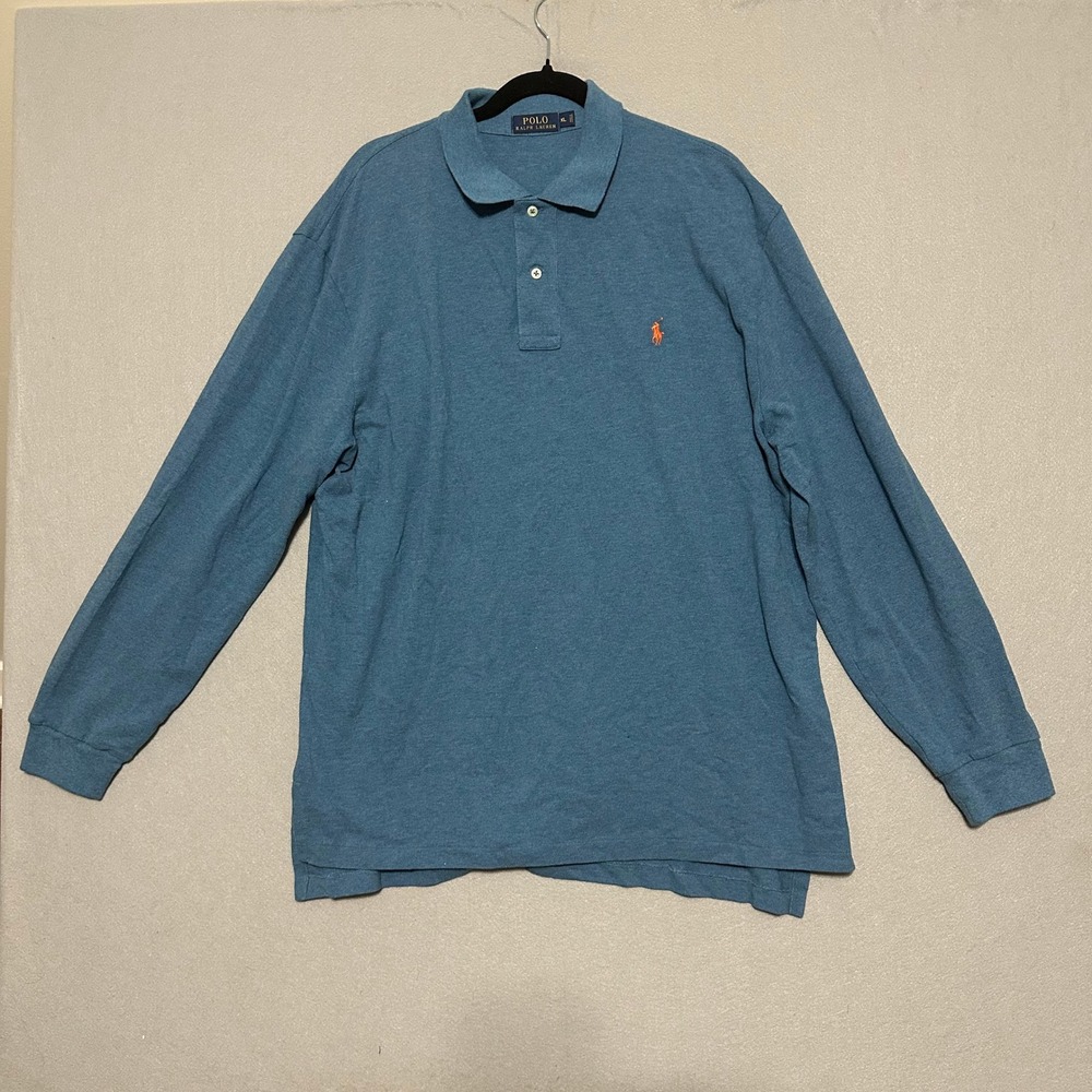 Polo Ralph Lauren Mens XL Blue Long Sleeve Pique Polo Shirt Orange‎ Pony Classic
